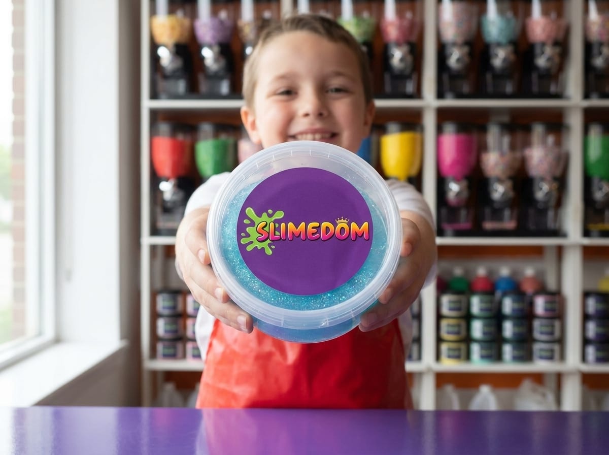 A child holds out a clear tub of blue glitter slime with a Slimedom sticker on the lid